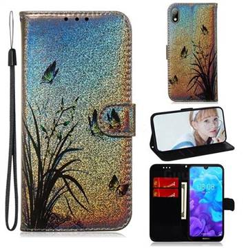 Butterfly Orchid Laser Shining Leather Wallet Phone Case for Huawei Y5 (2019)