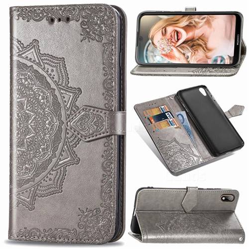 Embossing Imprint Mandala Flower Leather Wallet Case for Huawei Y5 (2019) - Gray