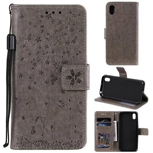 Embossing Cherry Blossom Cat Leather Wallet Case for Huawei Y5 (2019) - Gray