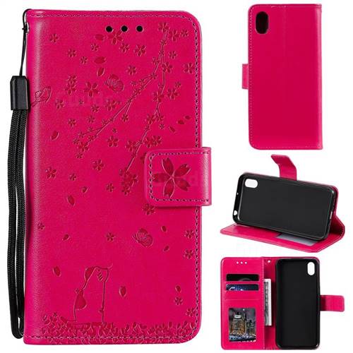 Embossing Cherry Blossom Cat Leather Wallet Case for Huawei Y5 (2019) - Rose