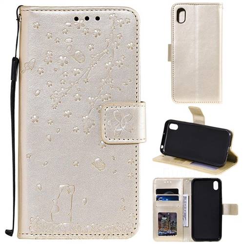 Embossing Cherry Blossom Cat Leather Wallet Case for Huawei Y5 (2019) - Golden