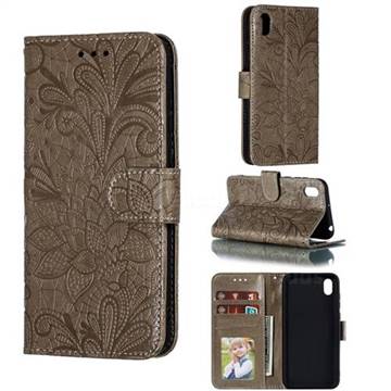 Intricate Embossing Lace Jasmine Flower Leather Wallet Case for Huawei Y5 (2019) - Gray