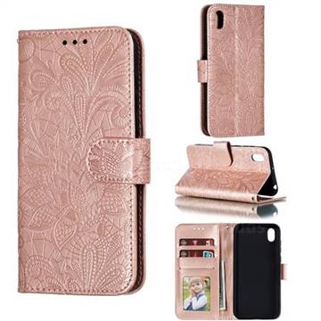 Intricate Embossing Lace Jasmine Flower Leather Wallet Case for Huawei Y5 (2019) - Rose Gold