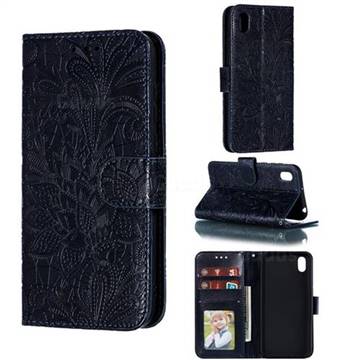 Intricate Embossing Lace Jasmine Flower Leather Wallet Case for Huawei Y5 (2019) - Dark Blue