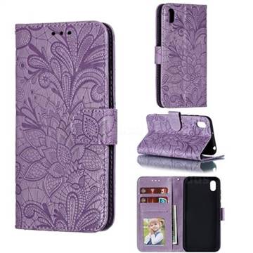 Intricate Embossing Lace Jasmine Flower Leather Wallet Case for Huawei Y5 (2019) - Purple