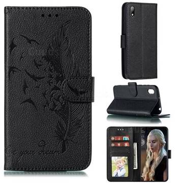 Intricate Embossing Lychee Feather Bird Leather Wallet Case for Huawei Y5 (2019) - Black