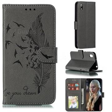 Intricate Embossing Lychee Feather Bird Leather Wallet Case for Huawei Y5 (2019) - Gray