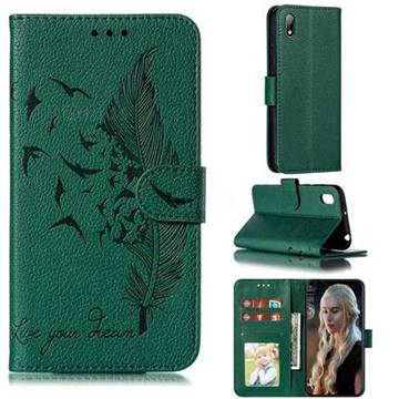 Intricate Embossing Lychee Feather Bird Leather Wallet Case for Huawei Y5 (2019) - Green