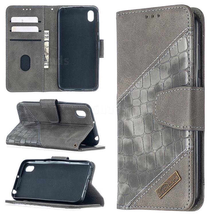 BinfenColor BF04 Color Block Stitching Crocodile Leather Case Cover for Huawei Y5 (2019) - Gray