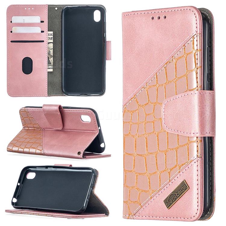 BinfenColor BF04 Color Block Stitching Crocodile Leather Case Cover for Huawei Y5 (2019) - Rose Gold