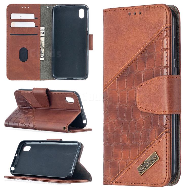 BinfenColor BF04 Color Block Stitching Crocodile Leather Case Cover for Huawei Y5 (2019) - Brown