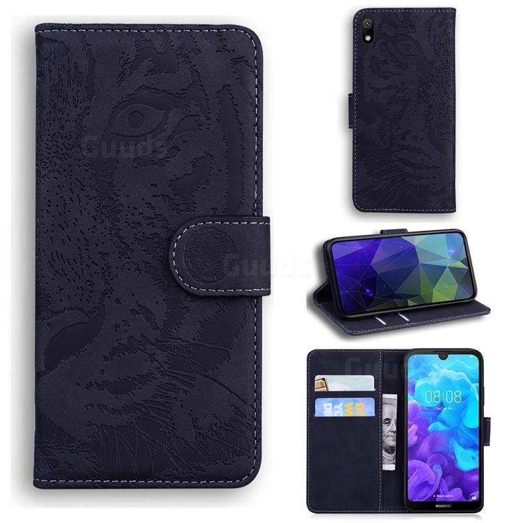 Intricate Embossing Tiger Face Leather Wallet Case for Huawei Y5 (2019) - Black