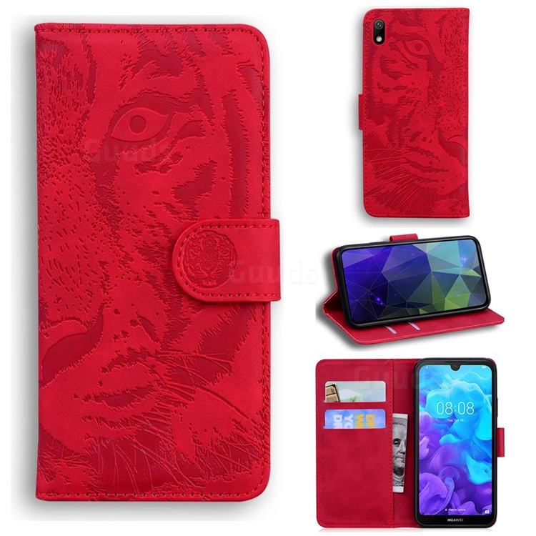 Intricate Embossing Tiger Face Leather Wallet Case for Huawei Y5 (2019) - Red