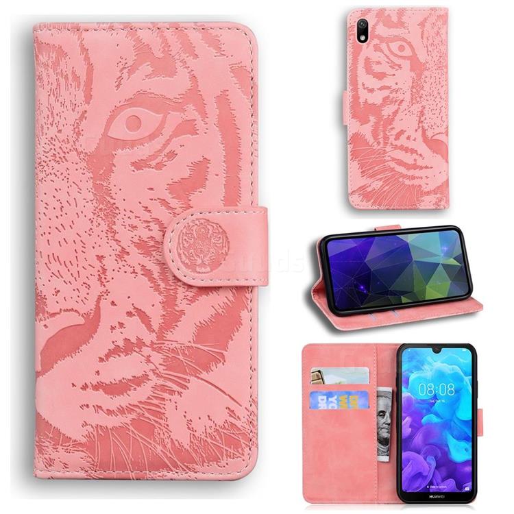 Intricate Embossing Tiger Face Leather Wallet Case for Huawei Y5 (2019) - Pink