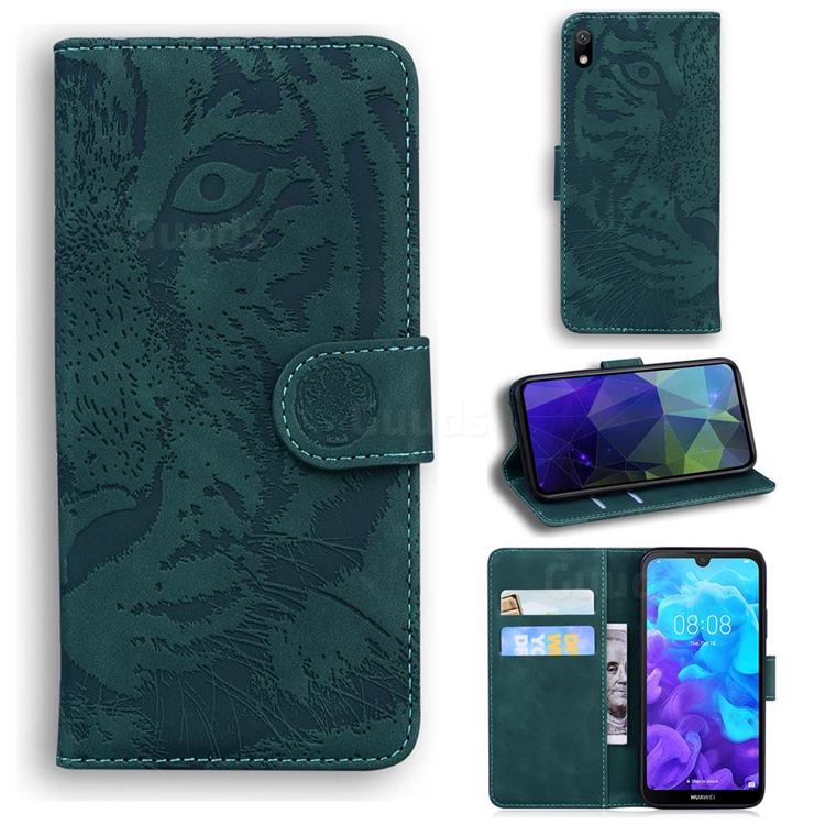 Intricate Embossing Tiger Face Leather Wallet Case for Huawei Y5 (2019) - Green