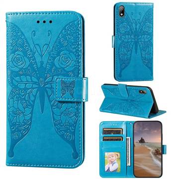 Intricate Embossing Rose Flower Butterfly Leather Wallet Case for Huawei Y5 (2019) - Blue