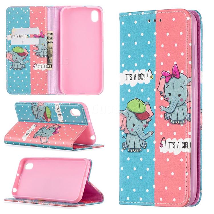 Elephant Boy and Girl Slim Magnetic Attraction Wallet Flip Cover for Huawei Y5 (2019)