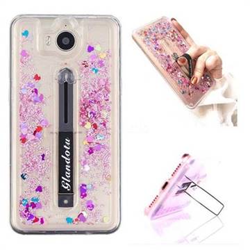 Concealed Ring Holder Stand Glitter Quicksand Dynamic Liquid Phone Case for Huawei Y5 (2017) - Rose