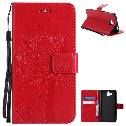 Embossing Butterfly Tree Leather Wallet Case for Huawei Y5 (2017) - Red