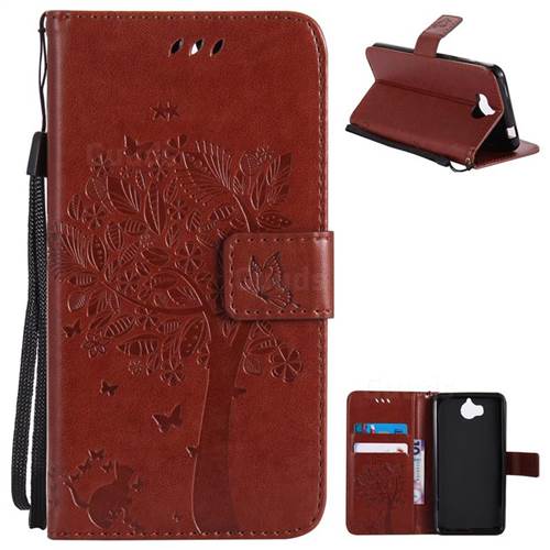 Embossing Butterfly Tree Leather Wallet Case for Huawei Y5 (2017) - Brown