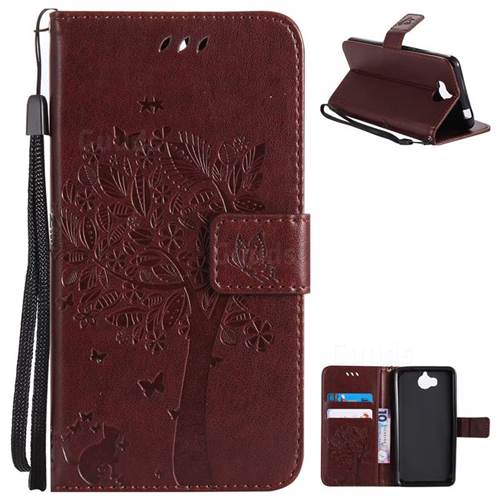 Embossing Butterfly Tree Leather Wallet Case for Huawei Y5 (2017) - Coffee