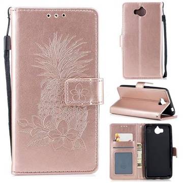Embossing Flower Pineapple Leather Wallet Case for Huawei Y5 (2017) - Rose Gold