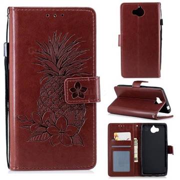 Embossing Flower Pineapple Leather Wallet Case for Huawei Y5 (2017) - Brown