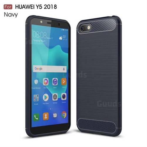 Luxury Carbon Fiber Brushed Wire Drawing Silicone TPU Back Cover for Huawei Y5 Prime 2018 (Y5 2018 / Y5 Lite 2018) - Navy
