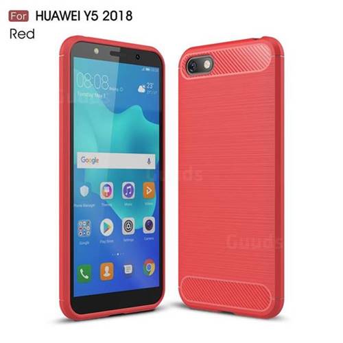 Luxury Carbon Fiber Brushed Wire Drawing Silicone TPU Back Cover for Huawei Y5 Prime 2018 (Y5 2018 / Y5 Lite 2018) - Red