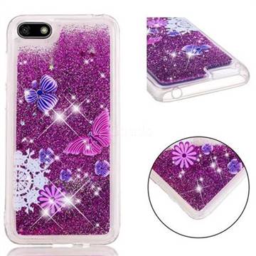 Purple Flower Butterfly Dynamic Liquid Glitter Quicksand Soft TPU Case for Huawei Y5 Prime 2018 (Y5 2018 / Y5 Lite 2018)