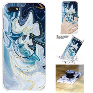 Blue Gold Line Marble Pop Stand Holder Varnish Phone Cover for Huawei Y5 Prime 2018 (Y5 2018 / Y5 Lite 2018)