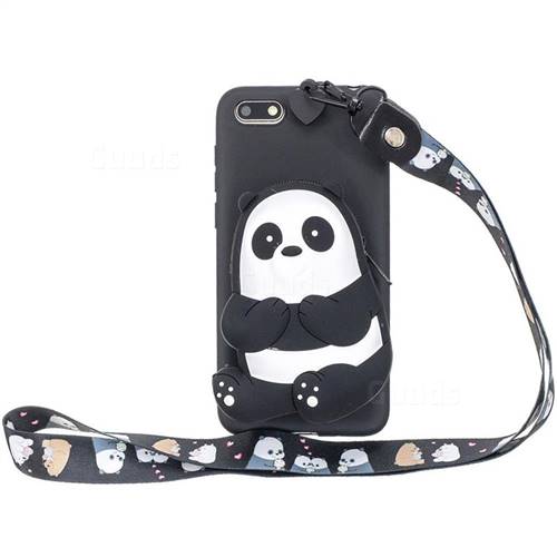 Cute Panda Neck Lanyard Zipper Wallet Silicone Case for Huawei Y5 Prime 2018 (Y5 2018 / Y5 Lite 2018)