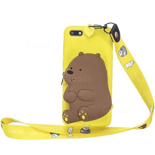 Yellow Bear Neck Lanyard Zipper Wallet Silicone Case for Huawei Y5 Prime 2018 (Y5 2018 / Y5 Lite 2018)