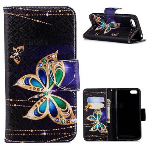 Golden Shining Butterfly Leather Wallet Case for Huawei Y5 Prime 2018 (Y5 2018 / Y5 Lite 2018)