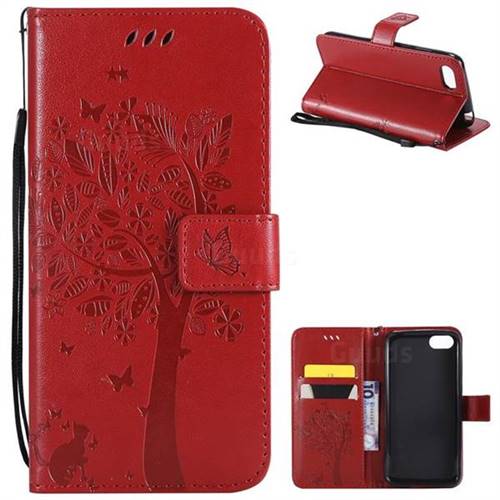 Embossing Butterfly Tree Leather Wallet Case for Huawei Y5 Prime 2018 (Y5 2018 / Y5 Lite 2018) - Red