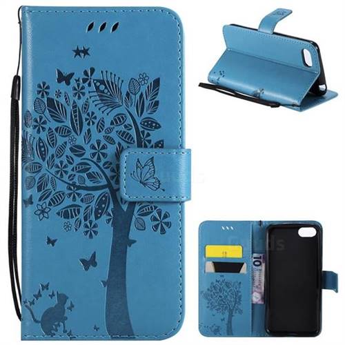 Embossing Butterfly Tree Leather Wallet Case for Huawei Y5 Prime 2018 (Y5 2018 / Y5 Lite 2018) - Blue