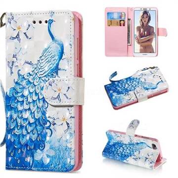Blue Peacock 3D Painted Leather Wallet Phone Case for Huawei Y5 Prime 2018 (Y5 2018 / Y5 Lite 2018)