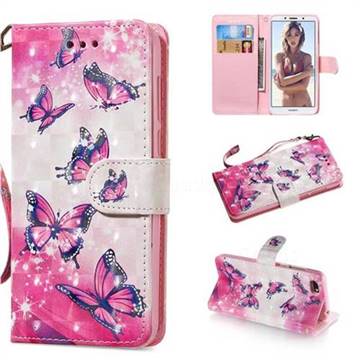 Pink Butterfly 3D Painted Leather Wallet Phone Case for Huawei Y5 Prime 2018 (Y5 2018 / Y5 Lite 2018)