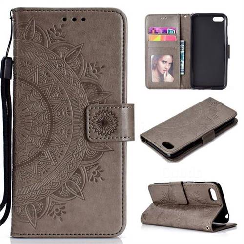 Intricate Embossing Datura Leather Wallet Case for Huawei Y5 Prime 2018 (Y5 2018 / Y5 Lite 2018) - Gray