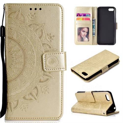 Intricate Embossing Datura Leather Wallet Case for Huawei Y5 Prime 2018 (Y5 2018 / Y5 Lite 2018) - Golden