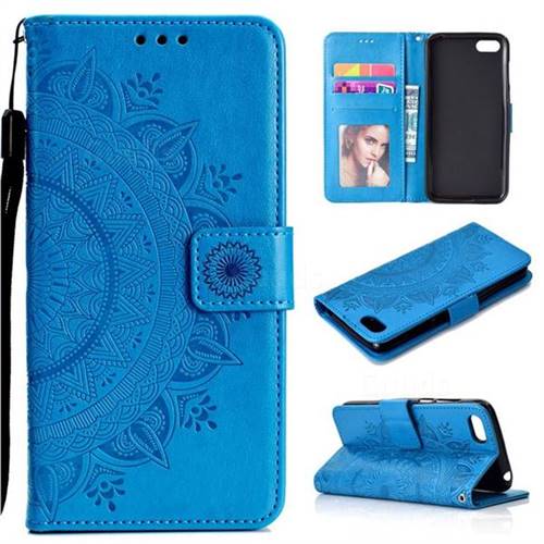 Intricate Embossing Datura Leather Wallet Case for Huawei Y5 Prime 2018 (Y5 2018 / Y5 Lite 2018) - Blue