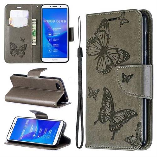 Embossing Double Butterfly Leather Wallet Case for Huawei Y5 Prime 2018 (Y5 2018 / Y5 Lite 2018) - Gray