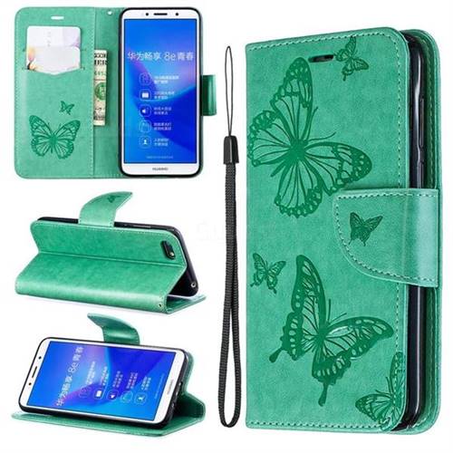 Embossing Double Butterfly Leather Wallet Case for Huawei Y5 Prime 2018 (Y5 2018 / Y5 Lite 2018) - Green