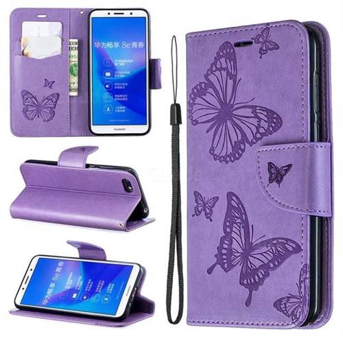 Embossing Double Butterfly Leather Wallet Case for Huawei Y5 Prime 2018 (Y5 2018 / Y5 Lite 2018) - Purple