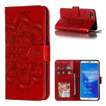 Intricate Embossing Datura Solar Leather Wallet Case for Huawei Y5 Prime 2018 (Y5 2018 / Y5 Lite 2018) - Red