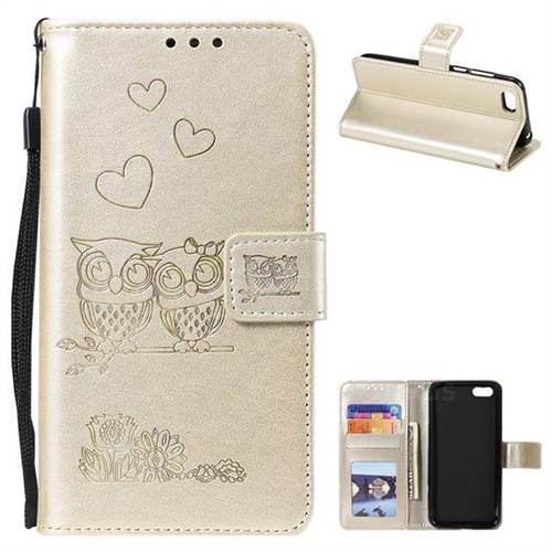 Embossing Owl Couple Flower Leather Wallet Case for Huawei Y5 Prime 2018 (Y5 2018 / Y5 Lite 2018) - Golden