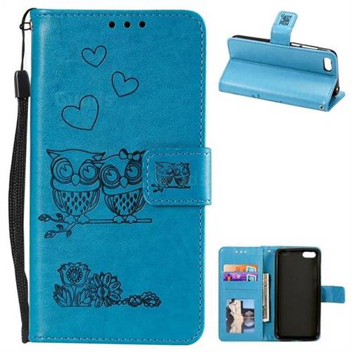 Embossing Owl Couple Flower Leather Wallet Case for Huawei Y5 Prime 2018 (Y5 2018 / Y5 Lite 2018) - Blue