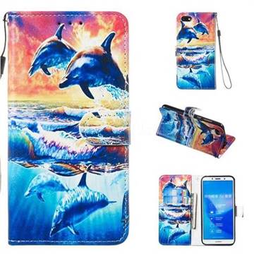 Couple Dolphin Smooth Leather Phone Wallet Case for Huawei Y5 Prime 2018 (Y5 2018 / Y5 Lite 2018)