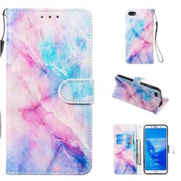 Blue Pink Marble Smooth Leather Phone Wallet Case for Huawei Y5 Prime 2018 (Y5 2018 / Y5 Lite 2018)