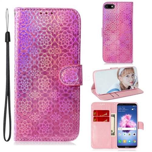 Laser Circle Shining Leather Wallet Phone Case for Huawei Y5 Prime 2018 (Y5 2018 / Y5 Lite 2018) - Pink